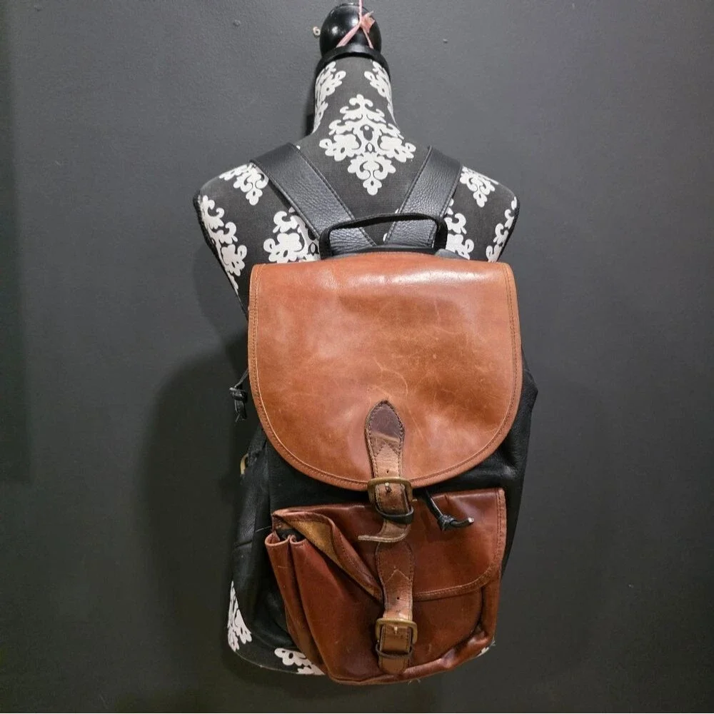 Two Tone Brown and Black Leather Full Size Buckle Closure Backpack 16x14